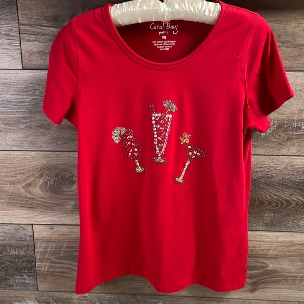 Coral Bay Red Sequined Scoop Neck Top, Size Petite Small, Cocktails